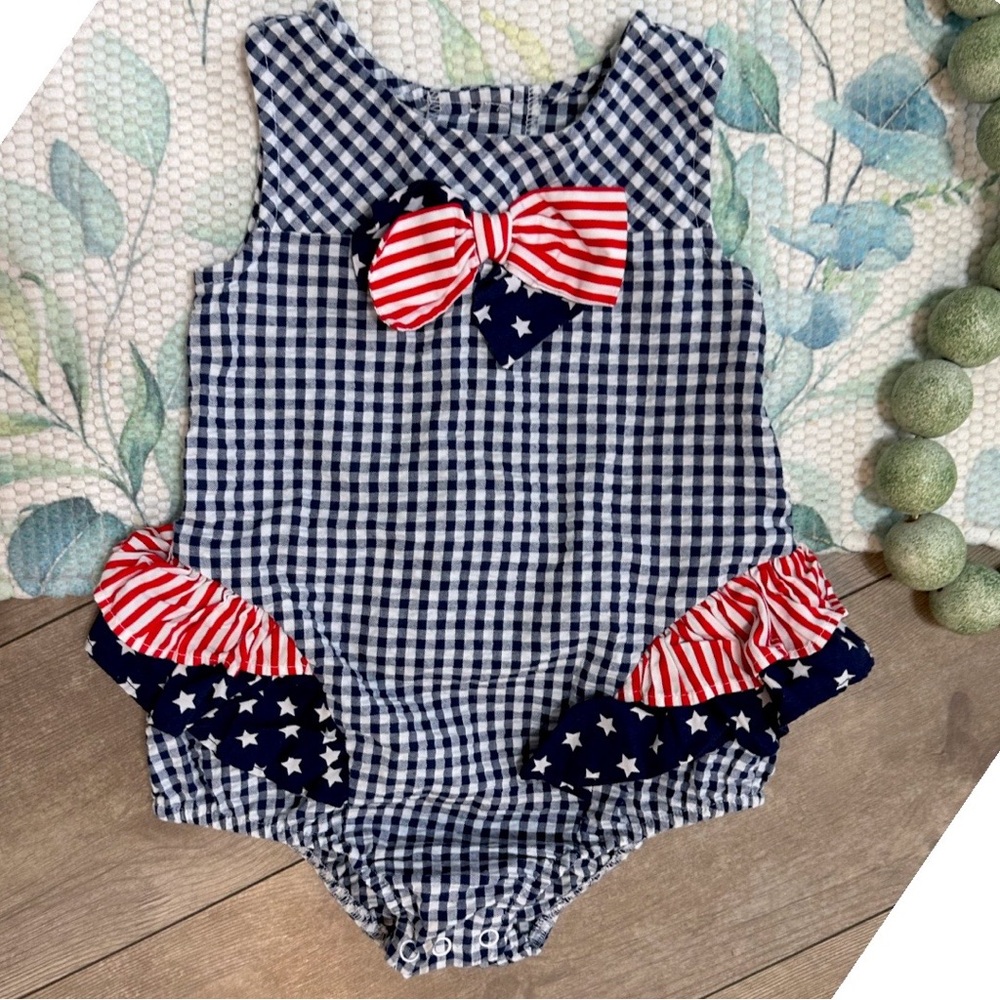 Boutique Baby Girls American Bow & Ruffle Seersucker Romper 24 Months Patriotic